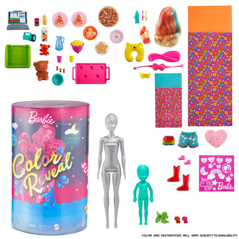 Barbie Color Reveal Slumber Party Fun Set, 50+ Surprises Including 2 Dolls, 3 Pets & 36 Accessories