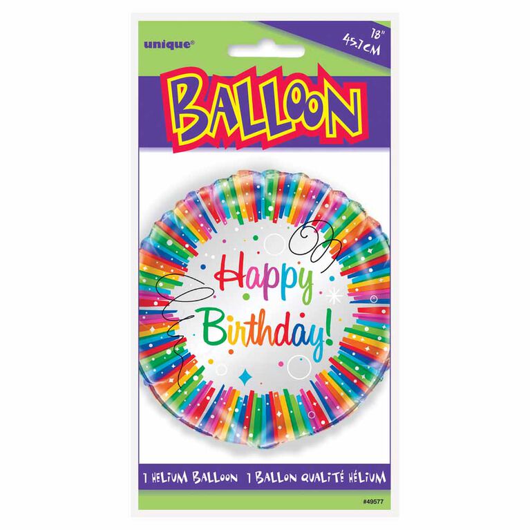 Ballon aluminium rond, 18 " - Rainbow Ribbons Birthday - Édition anglaise