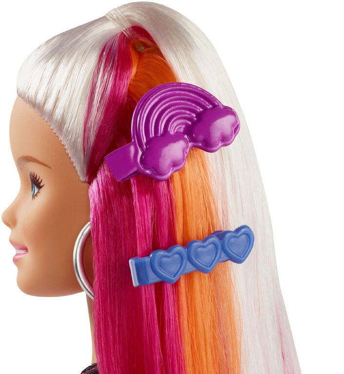 Poupée Barbie Chevelure Paillettes Arc-en-ciel avec cheveux blonds arc-en-ciel très longs, gel pailleté, peigne et accessoires de coiffure