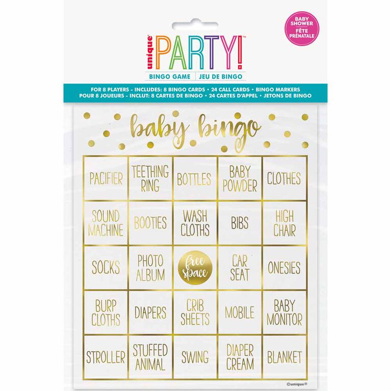 Gold Baby Shower Bingo Kit for 8 - English Edition