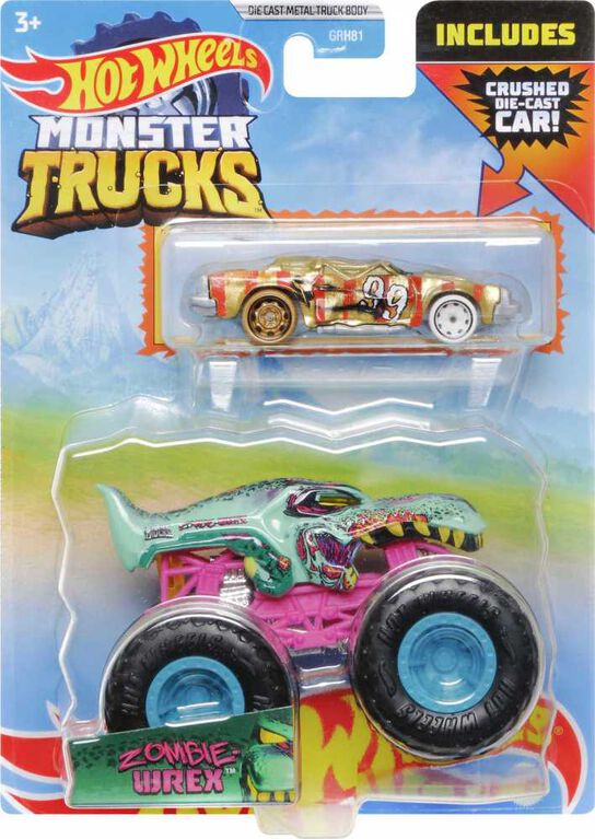Hot Wheels Monster Trucks 1:64 Scale Vehicles 2 Pack; 1 Die-Cast Truck & 1 Car