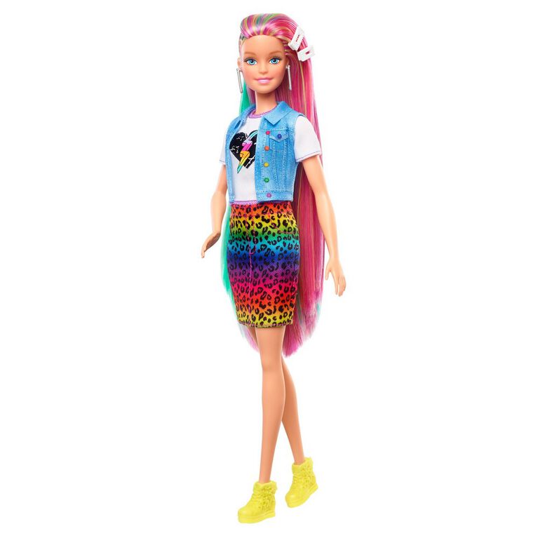 Barbie Leopard Rainbow Hair Doll (Blonde) with Color-change Hair Feature, 16 Accessories