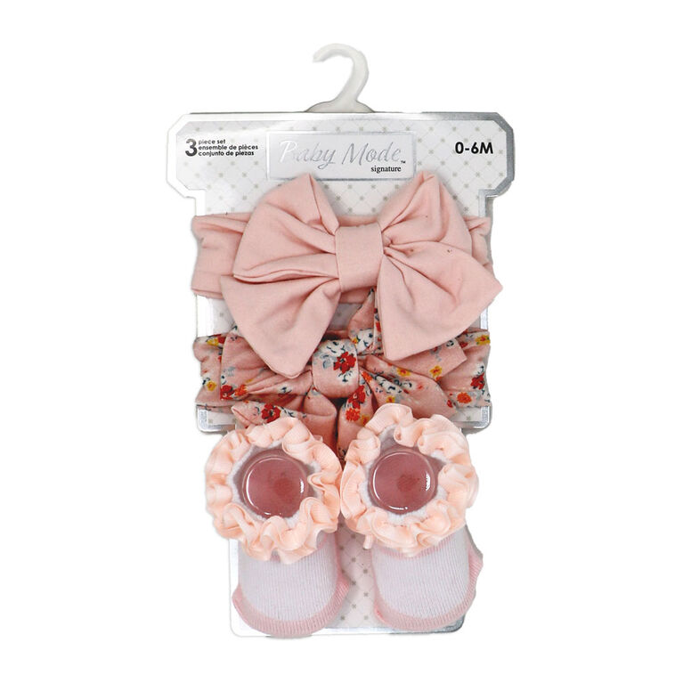 Baby Mode Signature 3 Piece  Headband & Sock Set: Rose Floral