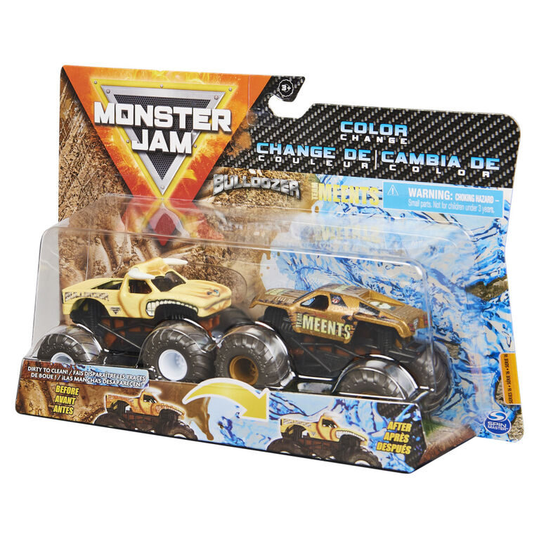 Monster Jam, Official Bulldozer vs. Team Meents Color-Changing Die-Cast Monster Trucks, 1:64 Scale