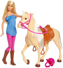 Barbie Doll, Blonde, Wearing Riding Outfit with Helmet, and Light Brown Horse with Soft White Mane and Tail