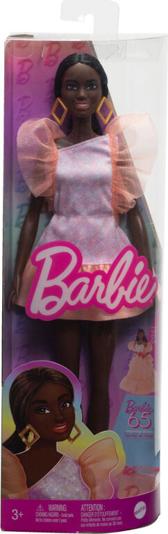 Barbie Fashionistas Doll #216 with Tall Body, Black Straight Hair & Peach Dress, 65th Anniversary