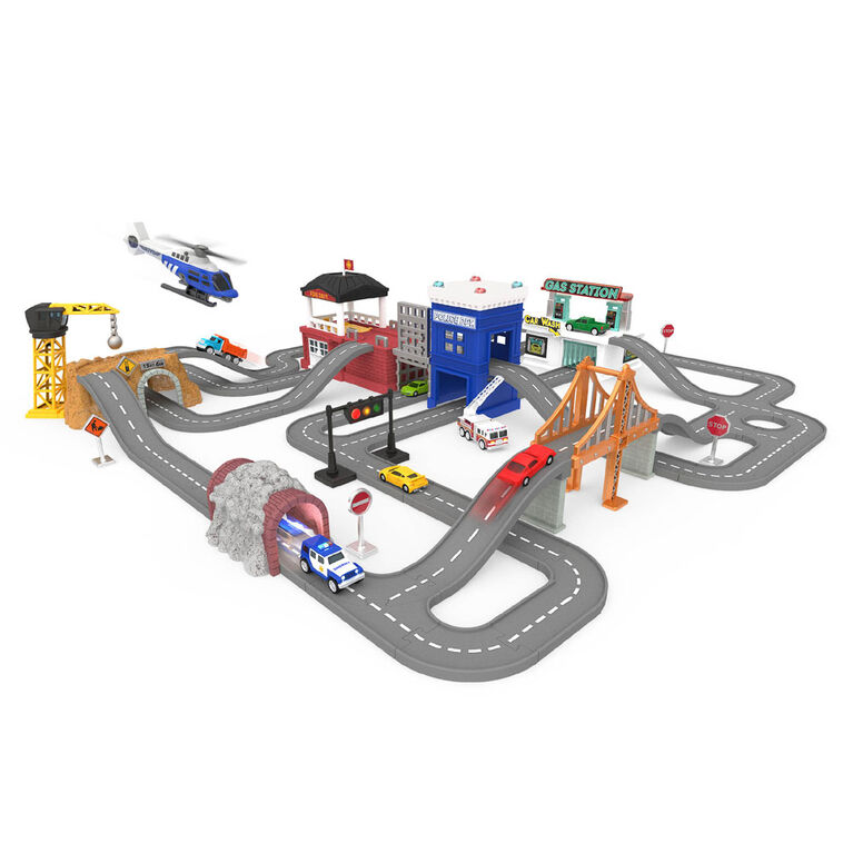 Driven, Pocket Build-A-City (140pc), City Playset with Tracks and Toy Vehicles