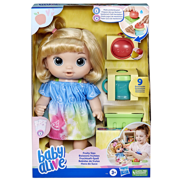 Baby Alive, coffret poupée Boissons fruitées, pomme, 30 cm, boit et mouille sa couche, presse-agrumes factice, cheveux blonds