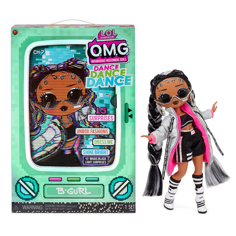 Poupée-mannequin B-Gurl LOL Surprise OMG Dance Dance Dance avec 15 surprises incluant une lampe à lumière noire magique, des chaussures, une brosse à cheveux, un socle de poupée et un emballage télé - pour les filles de 4 ans et +