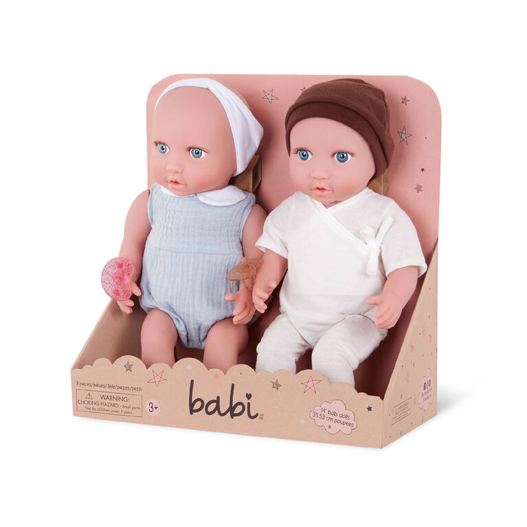 Babi Twin Dolls - Blue Eyes, White Headband and Brown Hat 14-inch Baby Boy and Girl Doll Twins