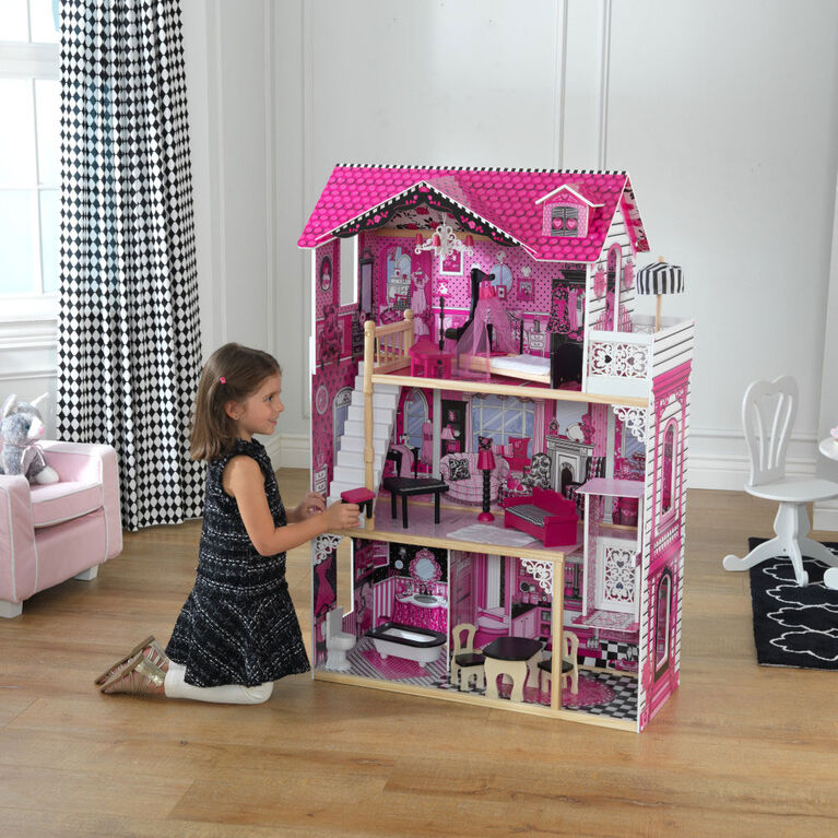KidKraft Amelia Wooden Dollhouse with Elevator, Balcony and 15-Piece Accessories, Pink, Gift for Ages 3+