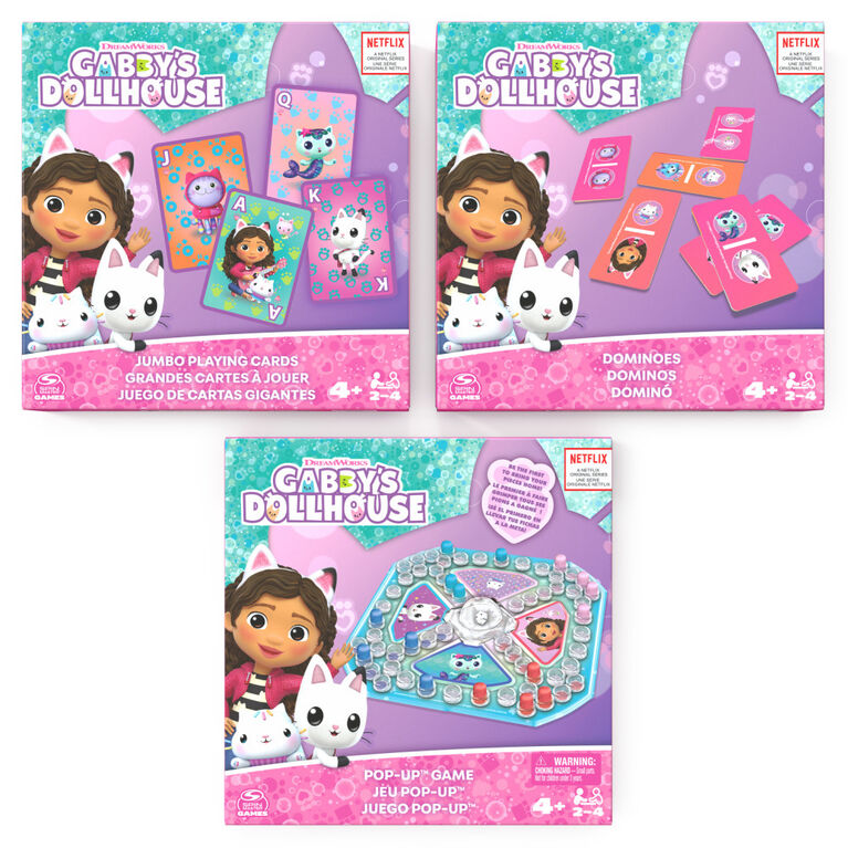 Gabby's Dollhouse 3 Game Bundle Gift Set, Pop-Up Game Dominoes Jumbo Playing Cards, Gabby's Dollhouse Toys Kids Games