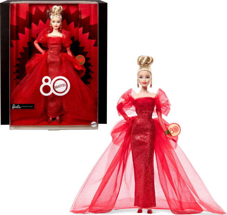 Barbie Signature Collectible Doll for Mattel 80th Anniversary, Glittery Red Tulle Gown, Blonde Hair