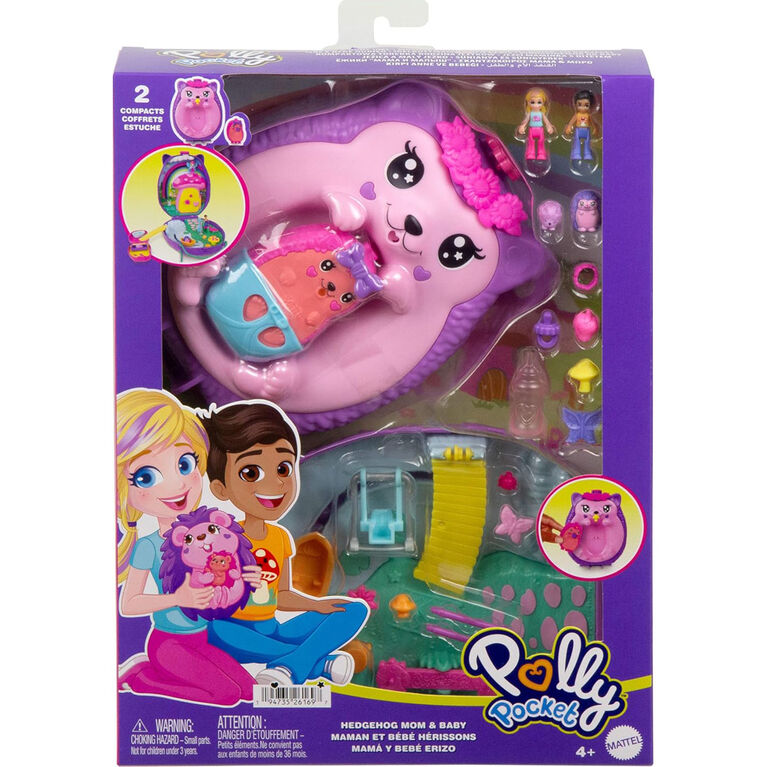 Polly Pocket Hedgehog Mom & Baby Purse Playset with 2 Dolls & 16 Accessories Including Pets