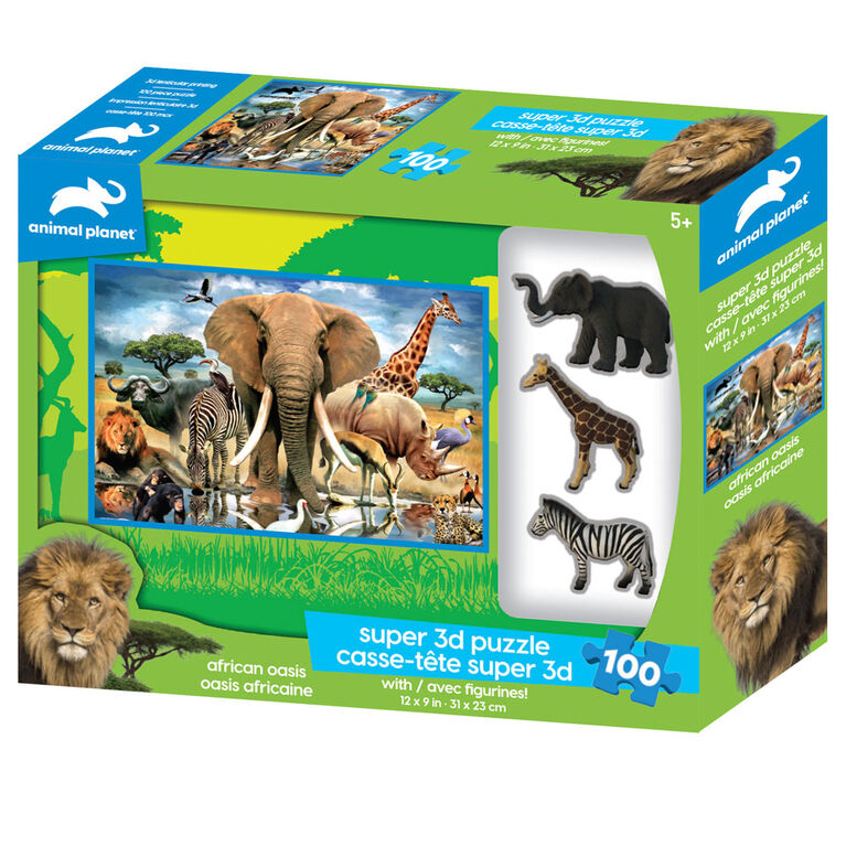 Planète Animale - Oasis Africaine - 100 pc Casse-tête Super 3D avec 3 figurines