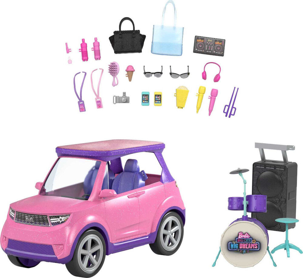 Barbie Big City Big Dreams Set with Pink 4x4 Convertible Vehicle that Reveals Stage Drums and Touring Accessories