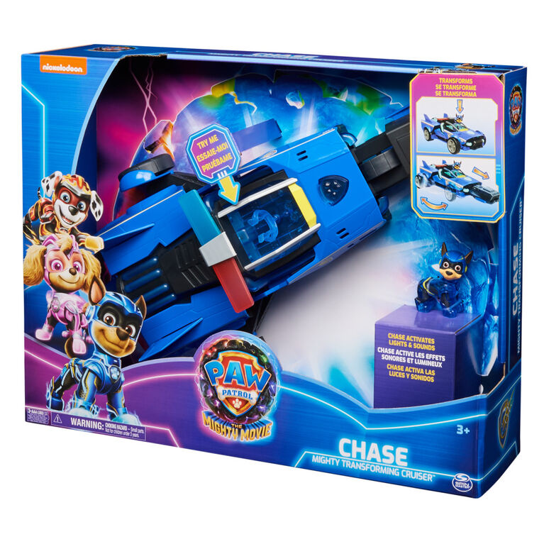 PAW Patrol: The Mighty Movie, Chase's Mighty Transforming Cruiser with Mighty Pups Action Figure, Lights and Sounds
