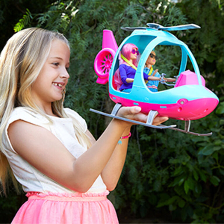 Hélicoptère Barbie, rose et bleu avec hélice qui tourne