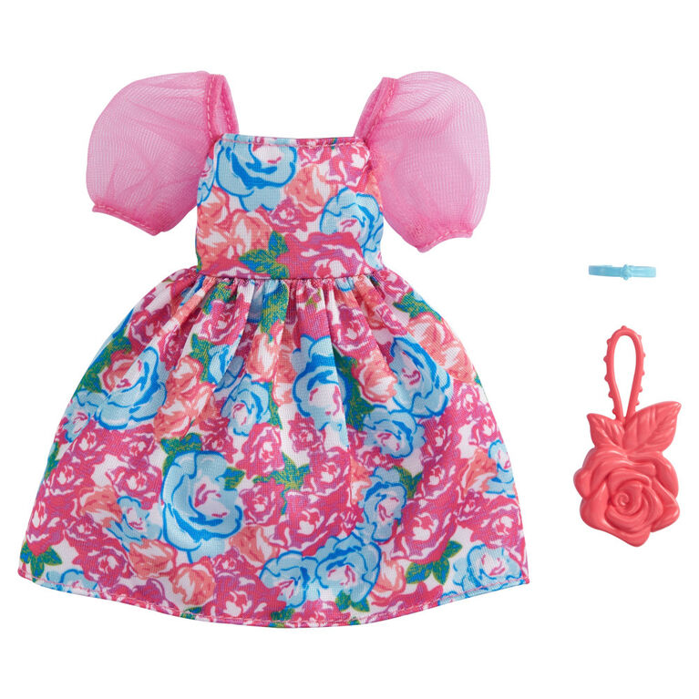 ​Barbie Fashion Pack with Pink Floral Dress with Puffy Sleeves, Flower-Shaped Purse and Blue Necklace