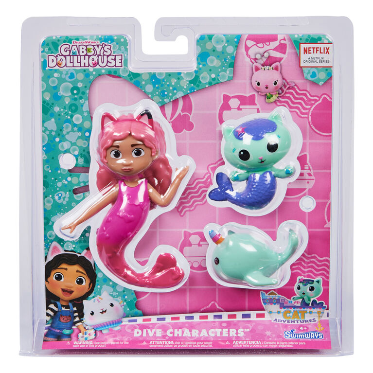 Swimways, Gabby et la maison magique, Dive Characters, coffret de 3 personnages, accessoires et jouets de piscine pour enfants, accessoires de fête et jouets aquatiques