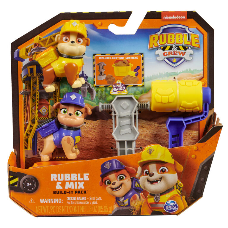Rubble and Crew, Coffret de figurines articulées Ruben et Mix, avec 85,05 g de sable Kinetic Build-It Sand et 2 jouets de construction portables