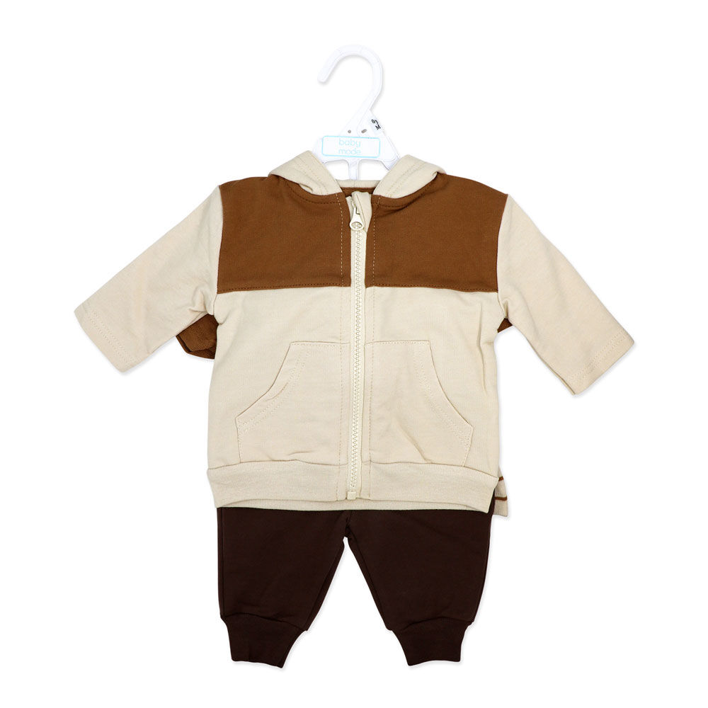 Baby Mode 3 Piece French Terry Jogger Set: Brown Stripe