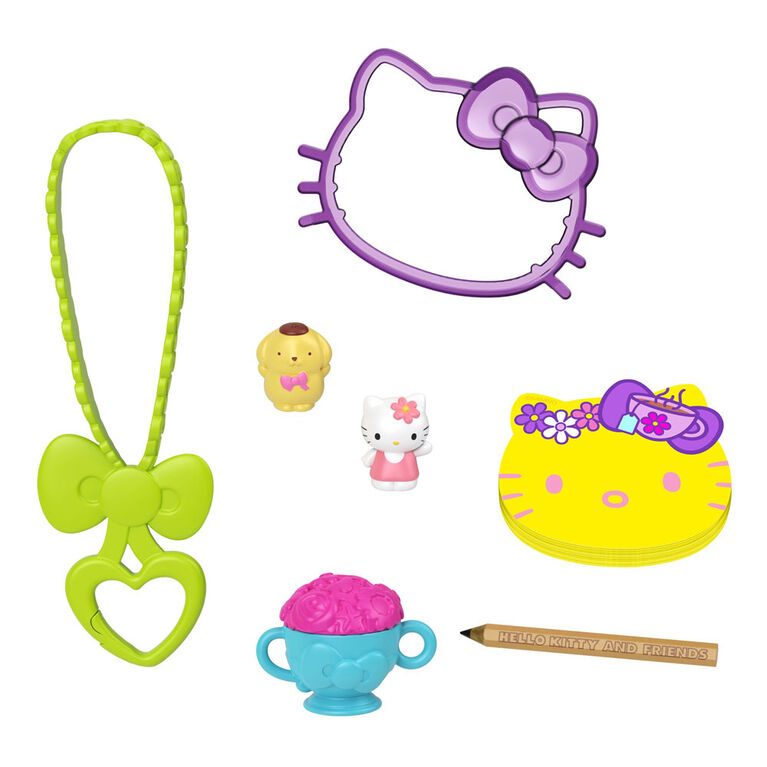 Hello Kitty Tea Party Compact (4.9-in / 12.5-cm) with 2 Sanrio Minis Figures, Stationery Notepad and Accessories