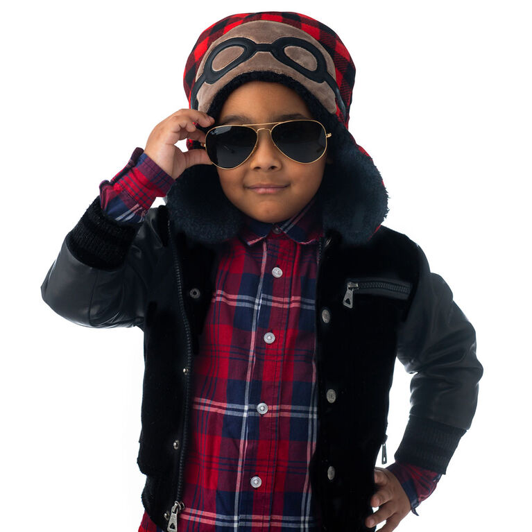 FlapJackKids - Bonnet en polaire Sherpa réversible pour bébé, enfant en bas âge, enfant, garçon - Double épaisseur - Ours noir / aviateur - Grand 4-6 ans