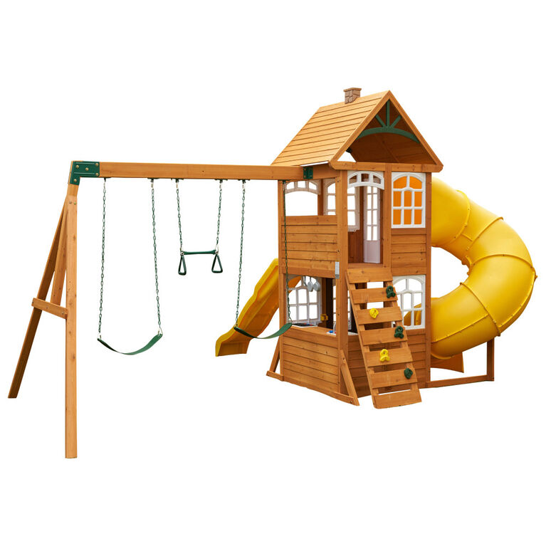 KidKraft - Castlewood Wooden Swing Set / Playset with Clubhouse, Mailbox, Slide and Play Kitchen - R Exclusive