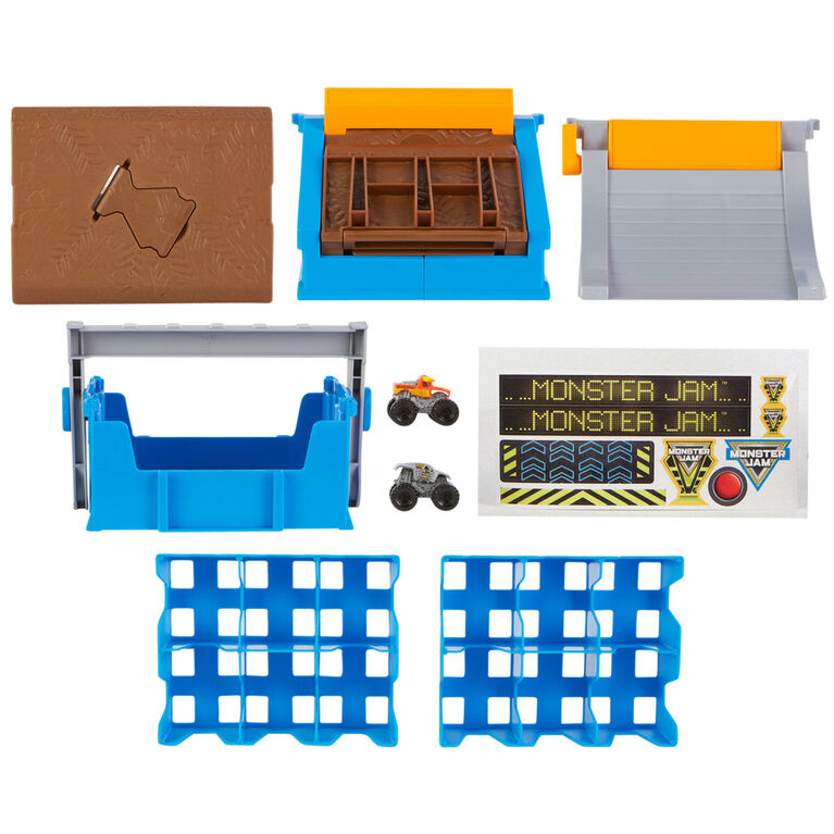 Monster Jam Mini Freestyle Flip Arena Playset and Storage with 2 Mini Monster Jam Trucks