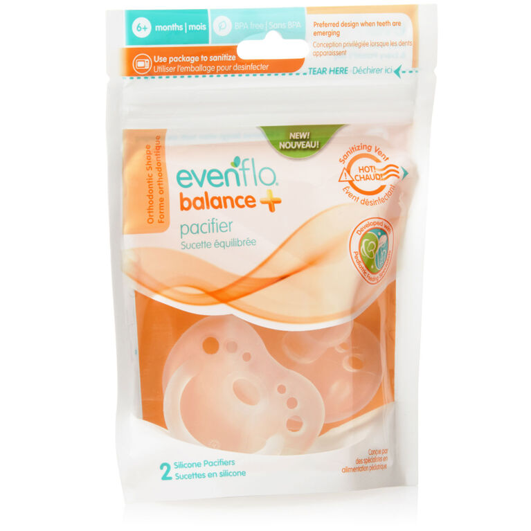 Sucette orthodontique en silicone Balance+ Evenflo Feeding - 6 mois et plus, emballage de 2.