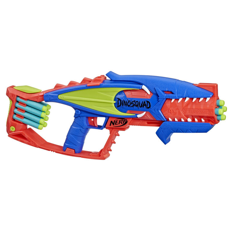 Nerf DinoSquad Terrodak, tire 4 fléchettes, rangement pour fléchettes, 12 fléchettes Nerf Elite, blaster Nerf en forme de dinosaure, jeu d'extérieur pour enfants