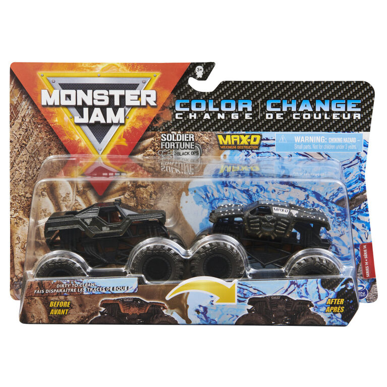 Monster Jam, Official Soldier Fortune Black Ops vs. Max-D Color-Changing Die-Cast Monster Trucks, 1:64 Scale