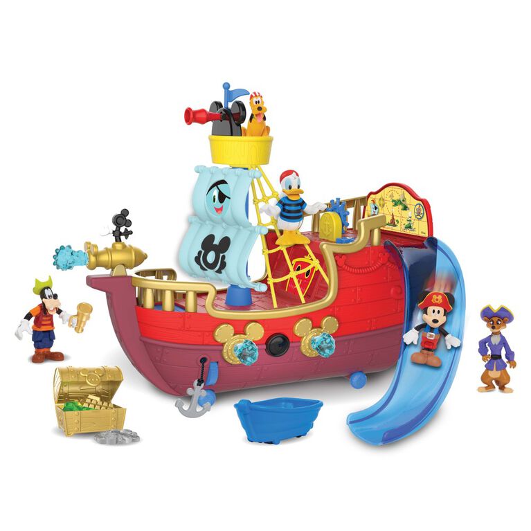 Disney Junior Mickey Mouse Funhouse Treasure Adventure Pirate Ship Playset with Sounds and Figures - English Edition