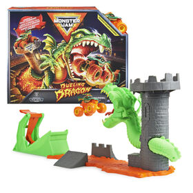 Monster Jam, Dueling Dragon Playset avec monster truck Dragon exclusif à l'échelle 1:64