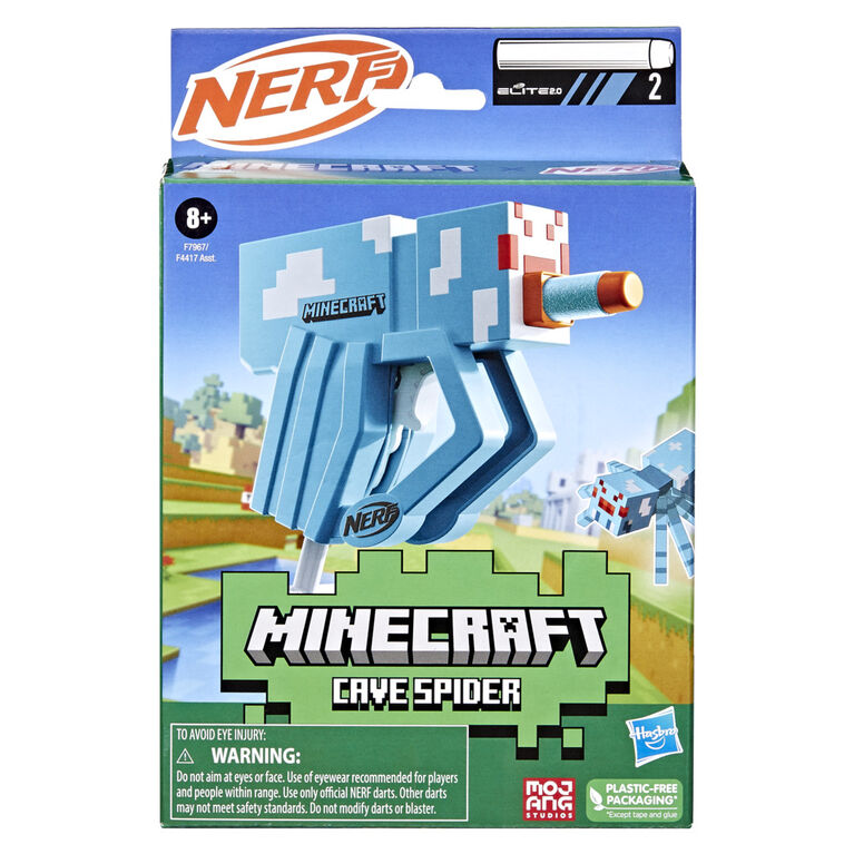 Nerf MicroShots Minecraft Cave Spider Blaster, 2 Nerf Elite Foam Darts, Minecraft Spider Mob Design