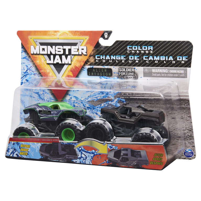 Monster Jam, Official Alien Invasion vs. Soldier Fortune Black Ops Color-Changing Die-Cast Monster Trucks, 1:64 Scale