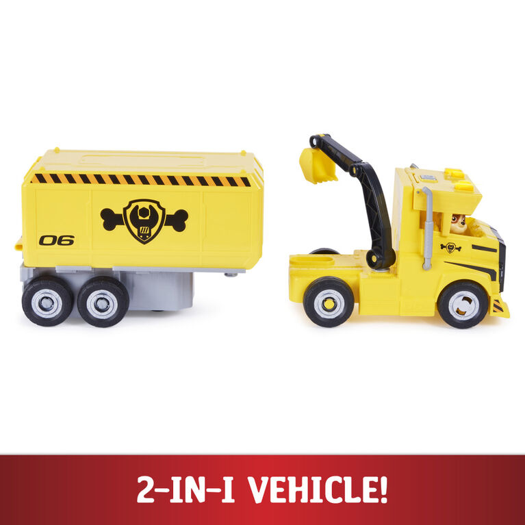 PAW Patrol, Rubble 2 in 1 Transforming X-Treme Truck with Excavator Toy, Crane Toy, Lights and Sounds, Action Figures