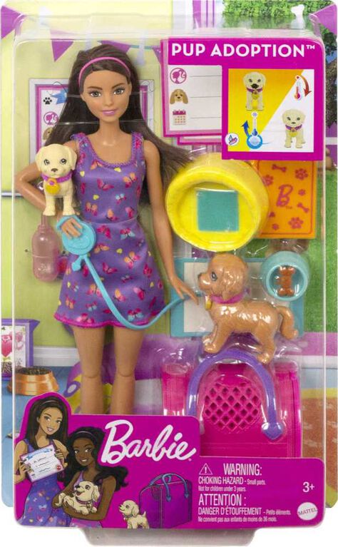 Barbie Doll and Accessories Pup Adoption Playset with Doll, 2 Puppies and Color-Change