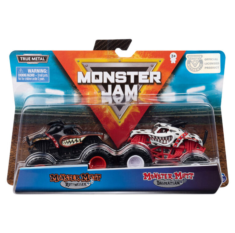 Monster Jam, Coffret de 2 véhicules authentiques Monster Mutt Rottweiler vs Monster Mutt Dalmatian, Monster trucks en métal moulé à l'échelle 1:64.