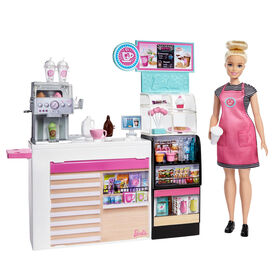 Barbie Coffee Shop with 12-in/30.40-cm Blonde Curvy Doll & 20+ Realistic Play Pieces