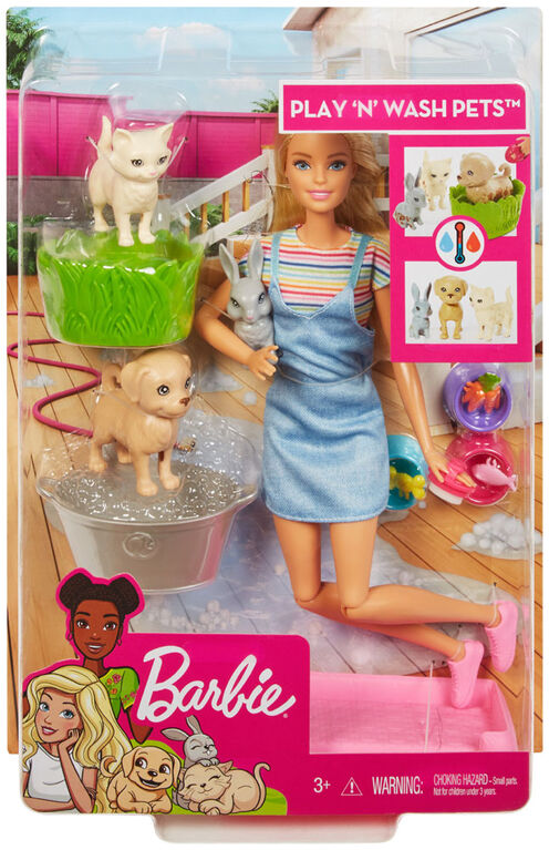 Coffret de jeu Bain des animaux Barbie avec poupée Barbie blonde et 3 figurines d'animaux à changement de couleur