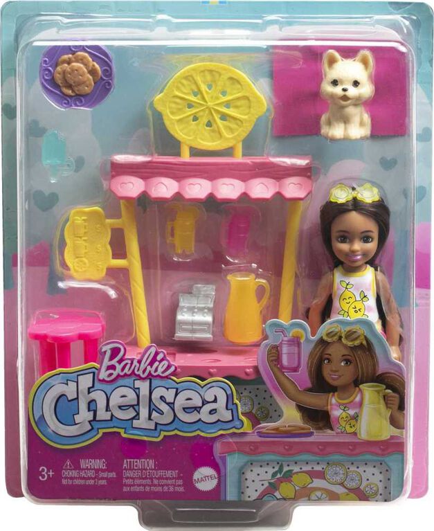 Barbie Chelsea Lemonade Stand Playset with Brunette Small Doll, Puppy, Stand & Accessories Barbie Chelsea Doll & Accessories, Lemonade Stand Playset with Brunette Small Doll, Puppy, Stand & Pieces