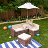 KidKraft - Wooden Outdoor Sectional Ottoman and Umbrella Set with Cushions, Kids' Patio Furniture, Bear Brown and Beige