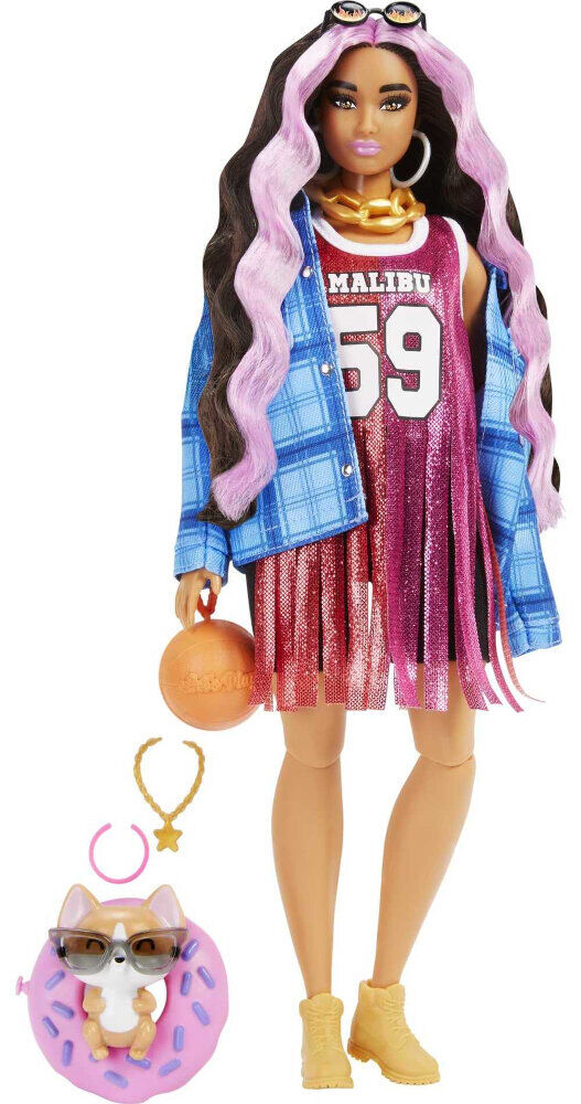 Barbie Extra Doll 13 in Basketball Jersey Dress and Accessories with Pet Corgi