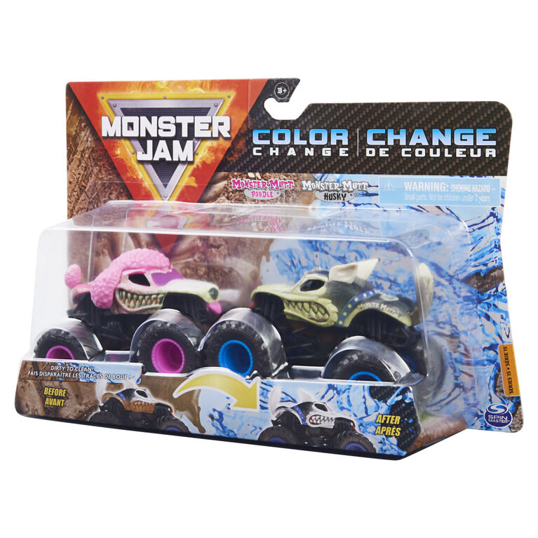 Monster Jam, Official Monster Mutt Poodle vs. Monster Mutt Husky Color-Changing Die-Cast Monster Trucks, 1:64 Scale