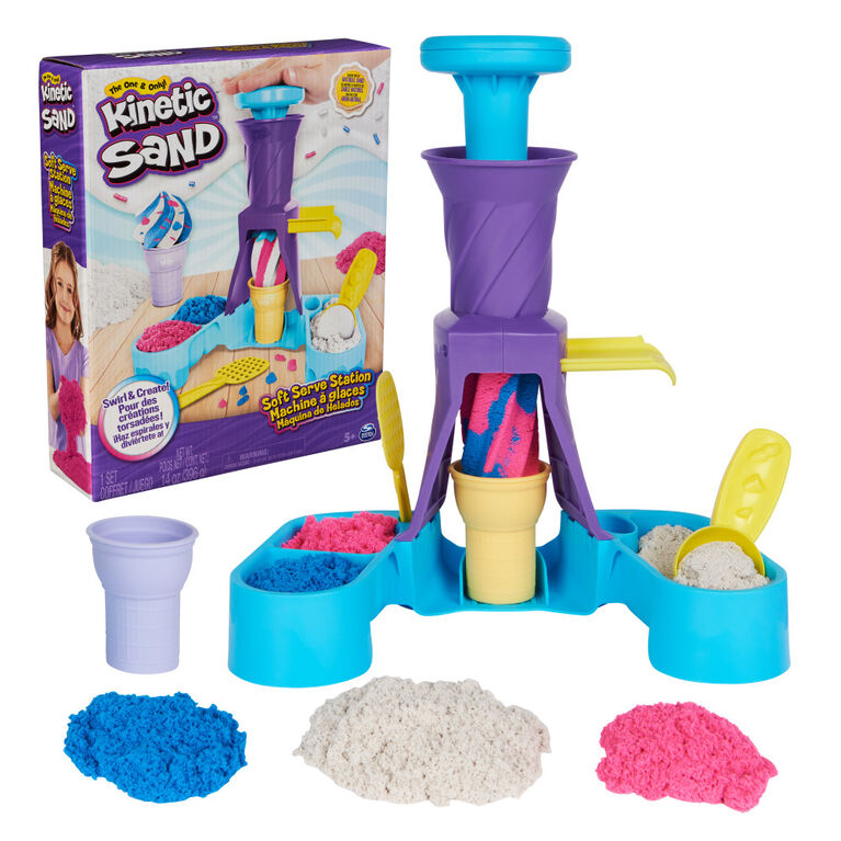 Kinetic Sand, Soft Serve Station with 14oz of Play Sand (Blue, Pink and White), 2 Ice Cream Cones and 2 Tools, Sensory Toys