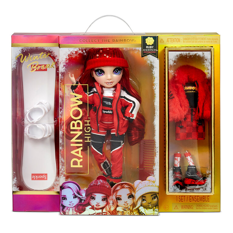 Rainbow High Winter Break Ruby Anderson - Red Winter Break Fashion Doll and Playset with 2 complete doll outfits, Snowboard and Winter Doll Accessories