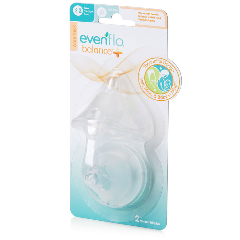 Evenflo Balance + Wide Neck BPA-Free Silicone Medium Flow Nipples 2-Pack - 3 Months+