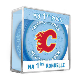 NHL Calgary Flames new fan is born logo on blue puck in cube